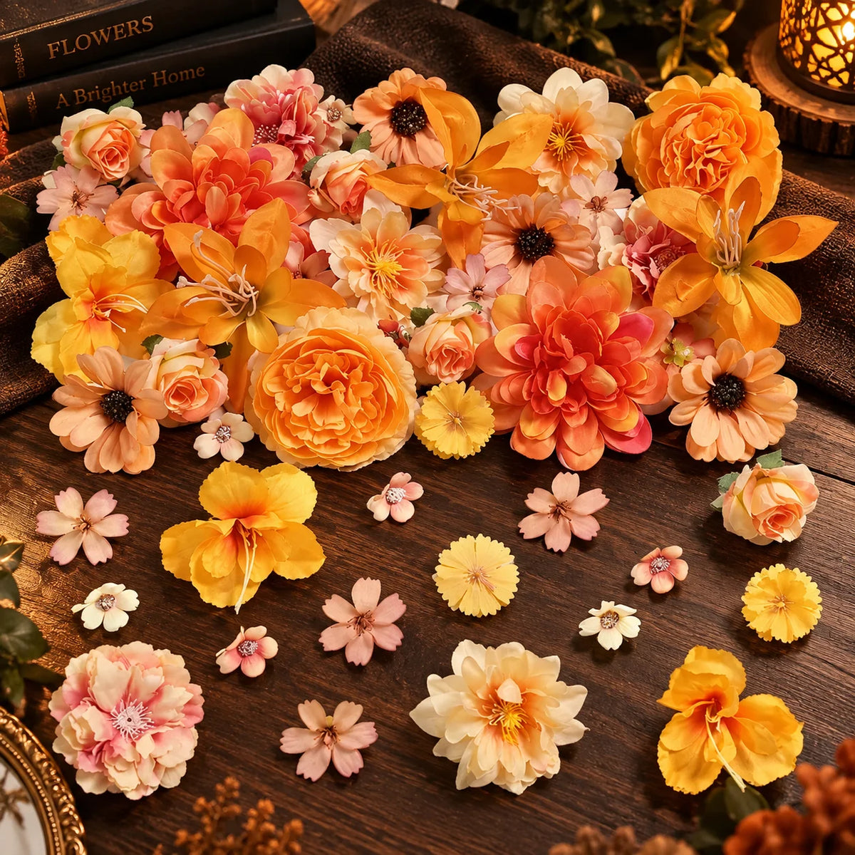 Silk Flower Heads Autumn Orange 48-Piece Reusable