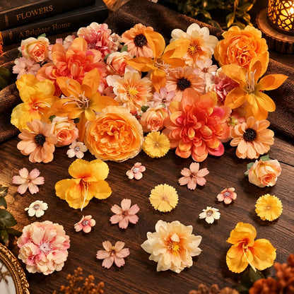 Silk Flower Heads Autumn Orange 48-Piece Reusable