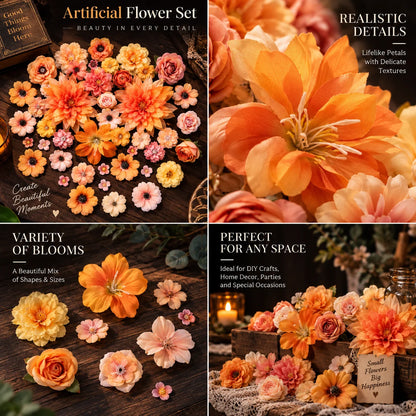 Silk Flower Heads Autumn Orange 48-Piece Reusable