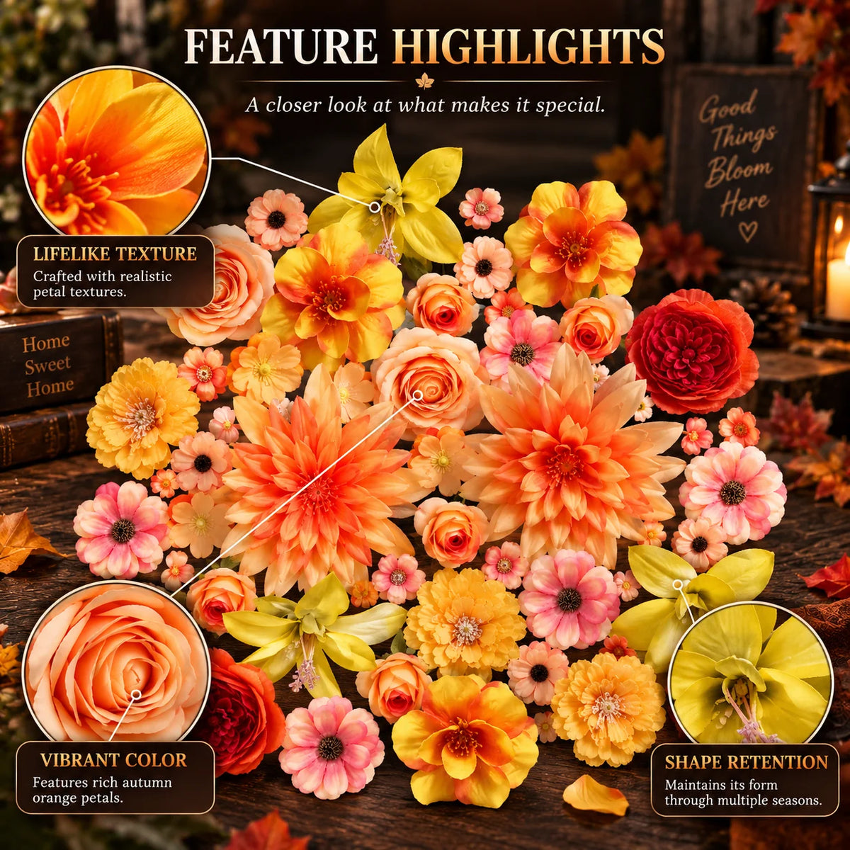 Silk Flower Heads Autumn Orange 48-Piece Reusable