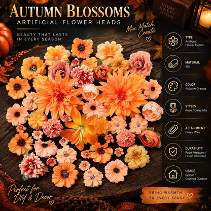 Silk Flower Heads Autumn Orange 48-Piece Reusable
