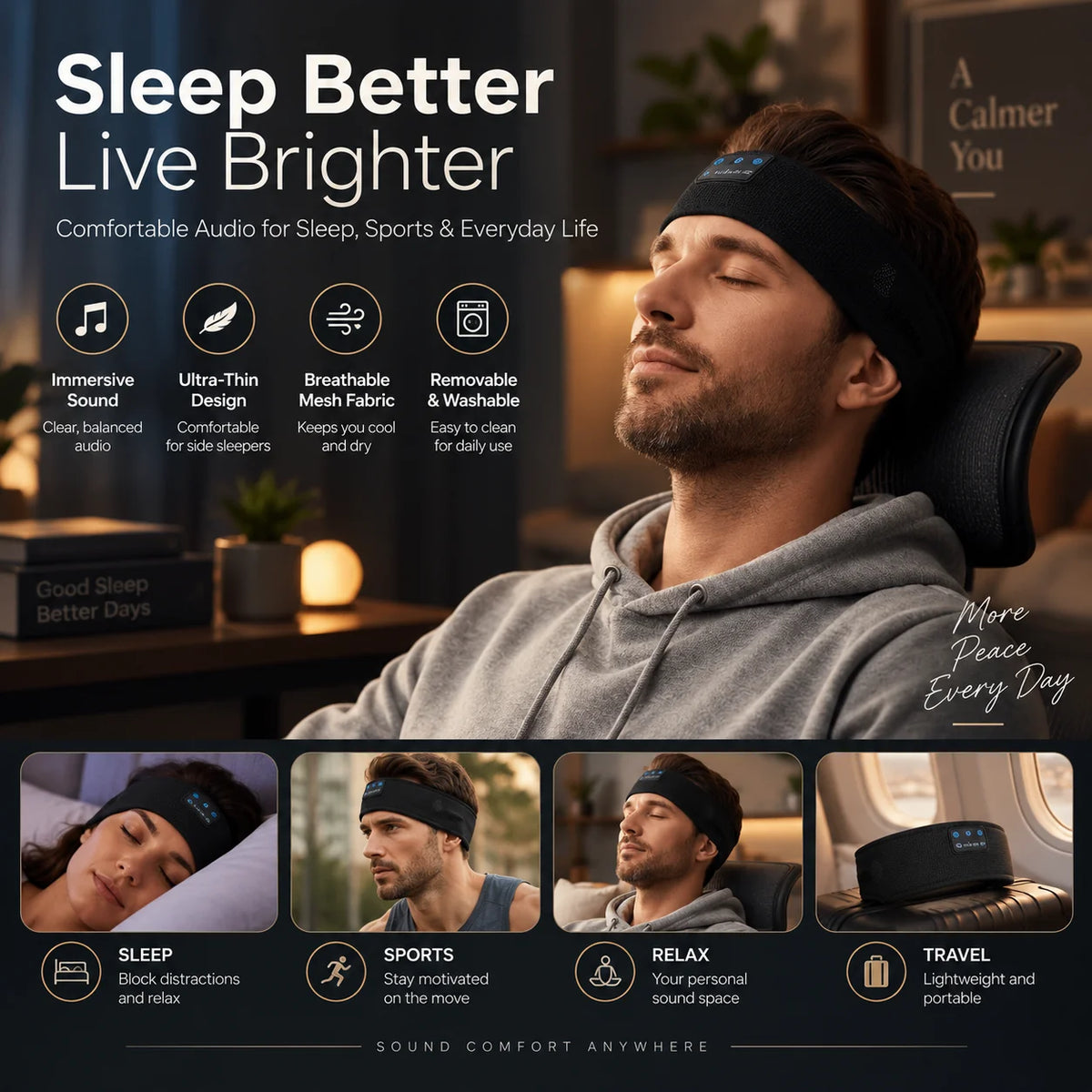 Sleep Headband Bluetooth 14-Hour Quick-Dry & Breathable