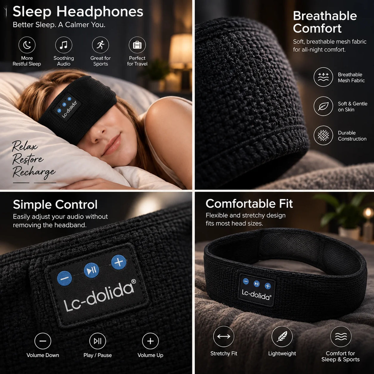Sleep Headband Bluetooth 14-Hour Quick-Dry & Breathable