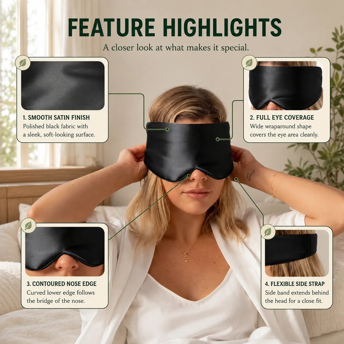 Sleep Mask Contoured Satin Light-Blocking & Adjustable Strap