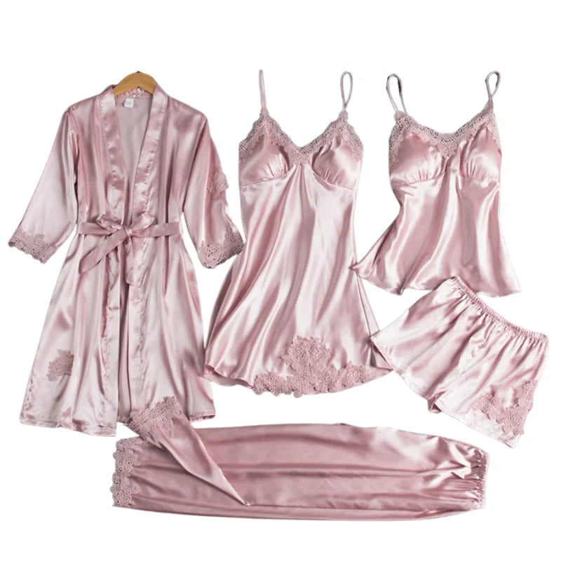 Sleepwear Set Satin & Lace Five Piece