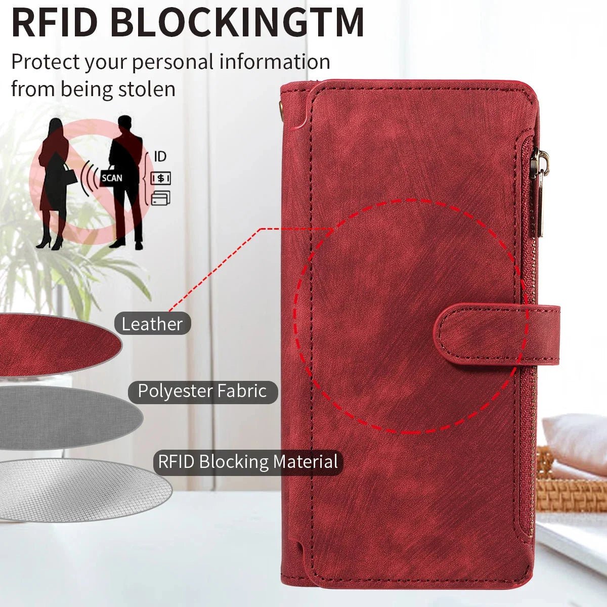 Smartphone Wallet Case Faux Leather Flip Cover Wrist Strap
