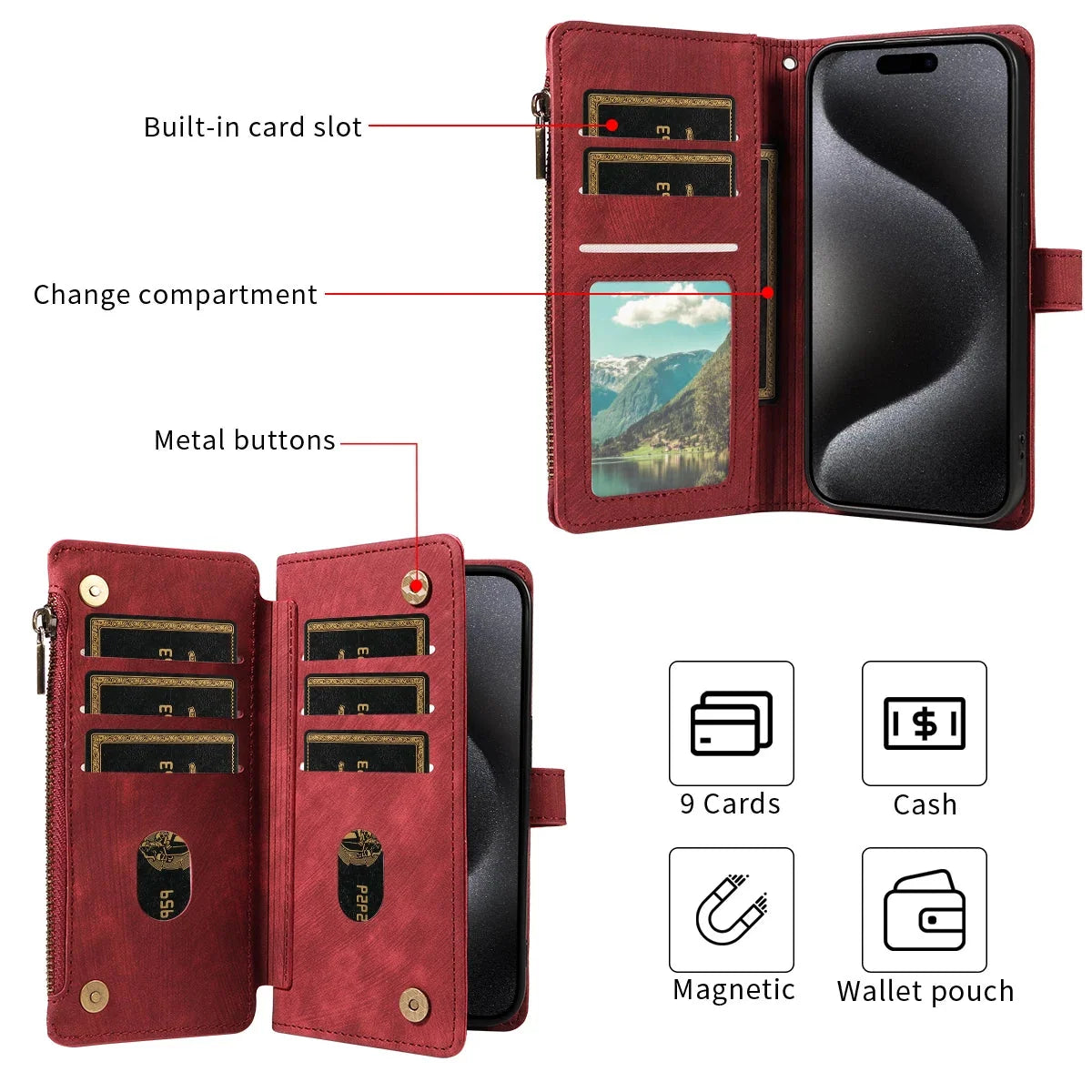 Smartphone Wallet Case Faux Leather Flip Cover Wrist Strap