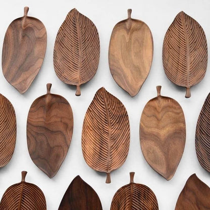 Snack Tray Leaf-Shaped Walnut Wood Lined or Smooth Finish