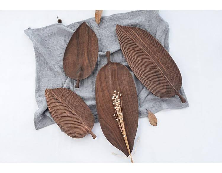 Snack Tray Leaf-Shaped Walnut Wood Lined or Smooth Finish