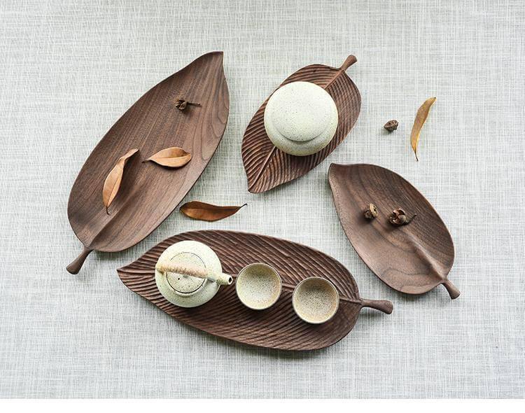 Snack Tray Leaf-Shaped Walnut Wood Lined or Smooth Finish