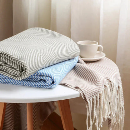 Sofa Blanket 100% Cotton Striped Fringed Edges
