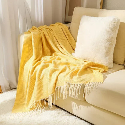 Sofa Blanket 100% Cotton Striped Fringed Edges