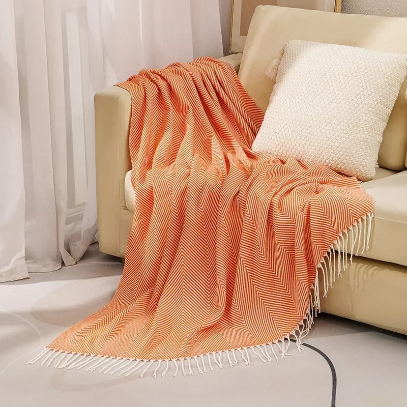 Sofa Blanket 100% Cotton Striped Fringed Edges