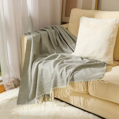 Sofa Blanket 100% Cotton Striped Fringed Edges