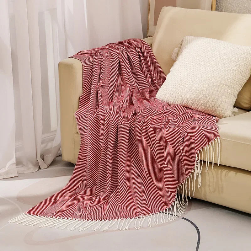 Sofa Blanket 100% Cotton Striped Fringed Edges