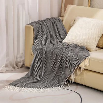 Sofa Blanket 100% Cotton Striped Fringed Edges