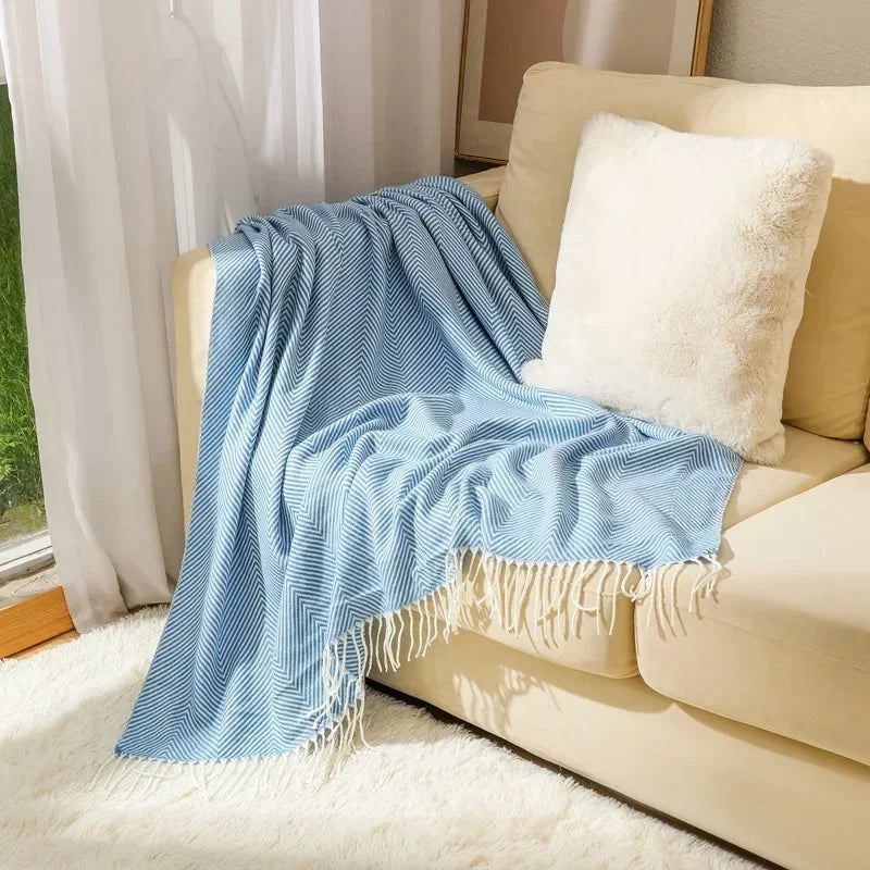Sofa Blanket 100% Cotton Striped Fringed Edges