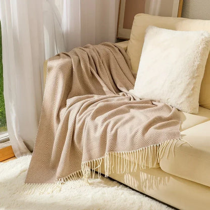 Sofa Blanket 100% Cotton Striped Fringed Edges