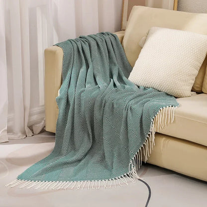 Sofa Blanket 100% Cotton Striped Fringed Edges