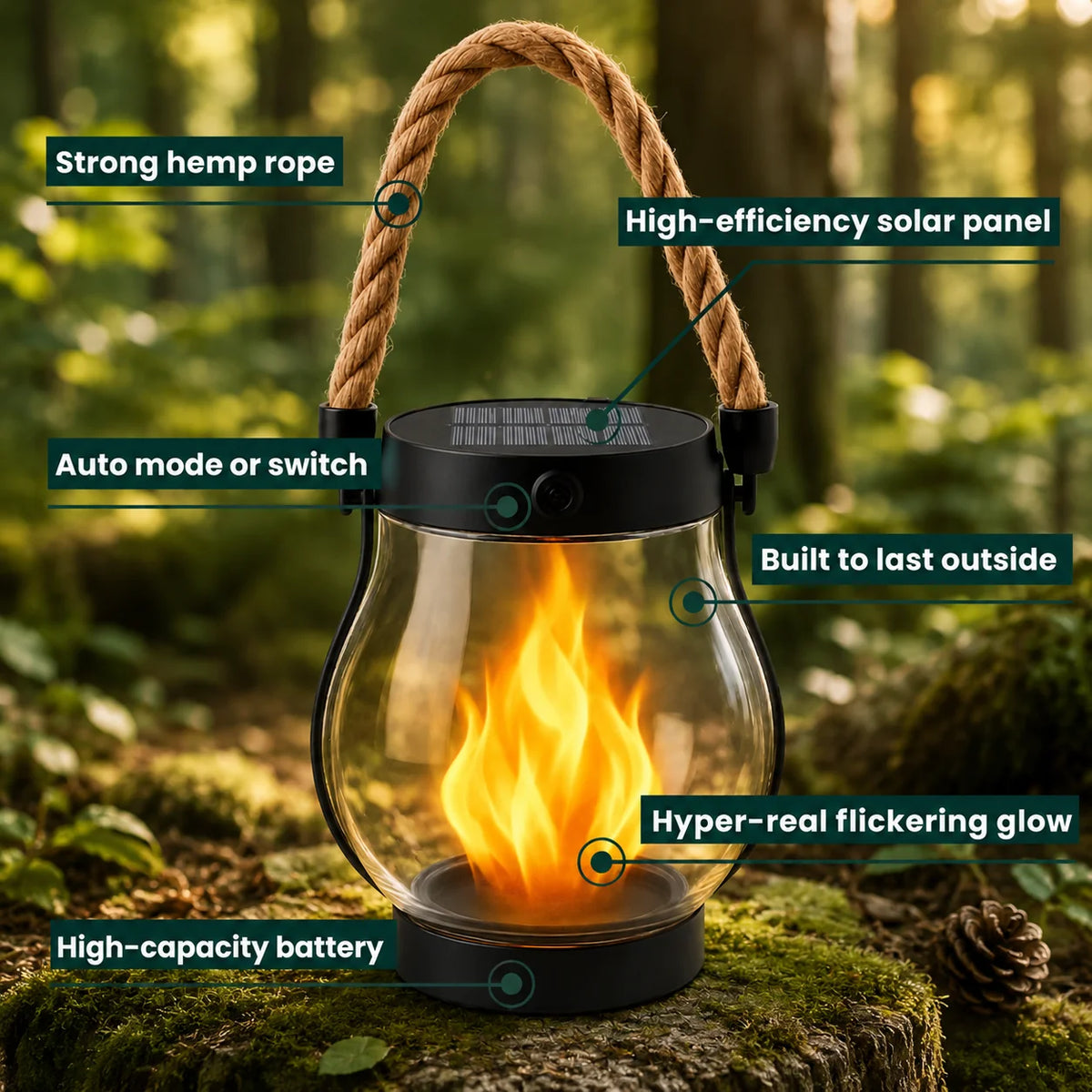 Solar Lantern Flickering Flame Weatherproof 12-Hour Runtime