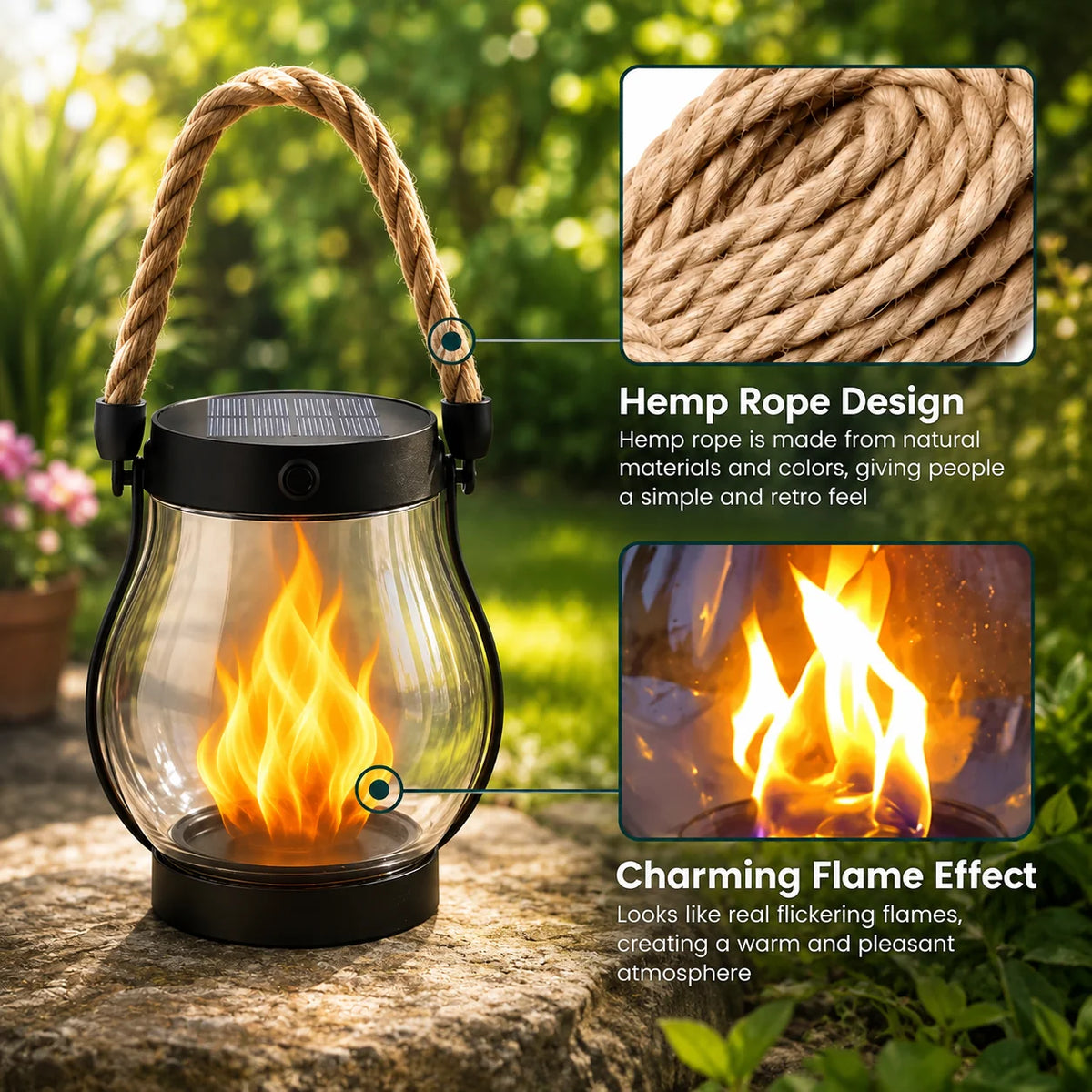 Solar Lantern Flickering Flame Weatherproof 12-Hour Runtime