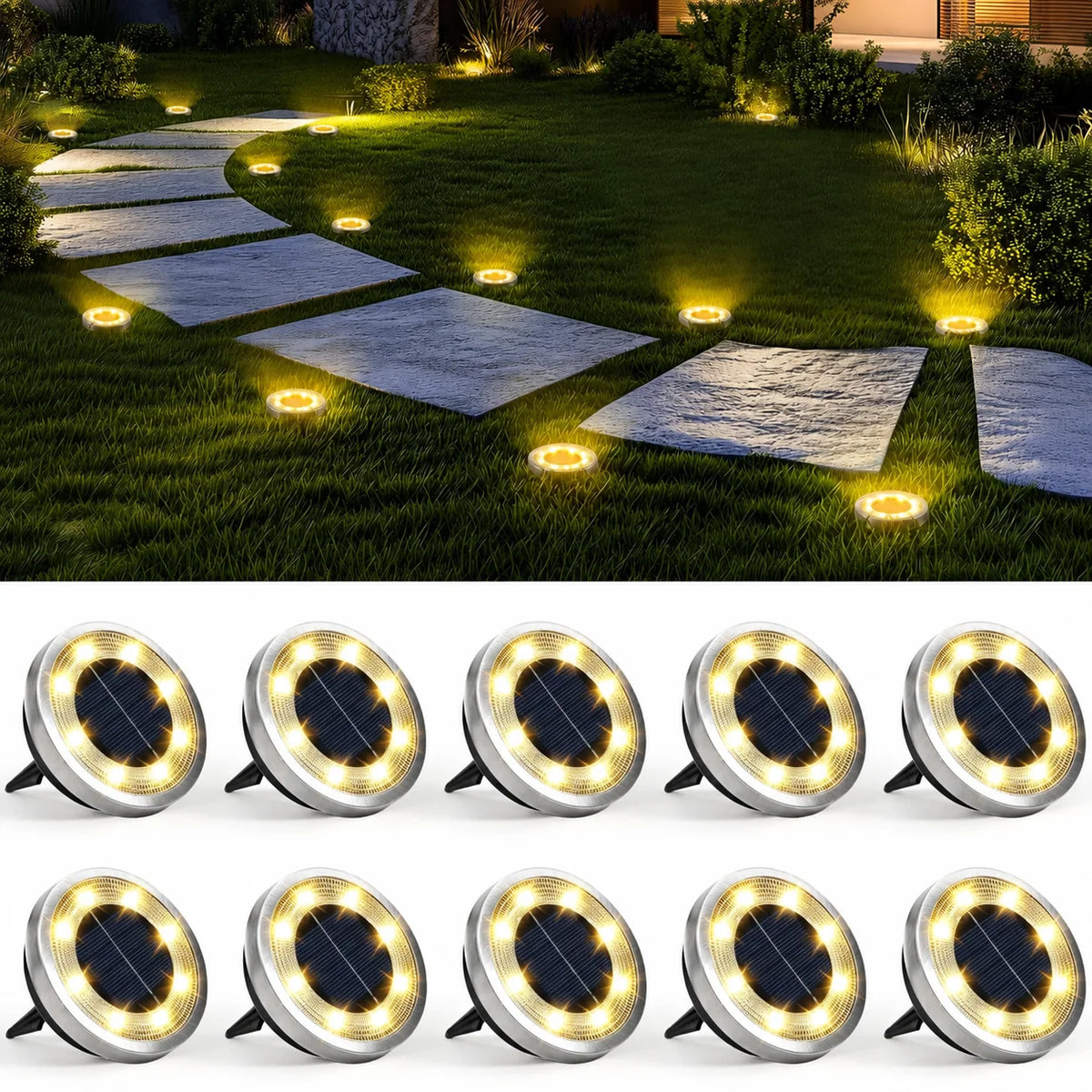 Solar Pathway Lights Stainless Steel Flush-Mount Waterproof IP65