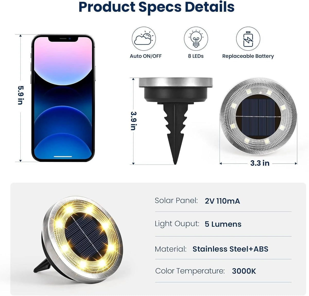 Solar Pathway Lights Stainless Steel Flush-Mount Waterproof IP65