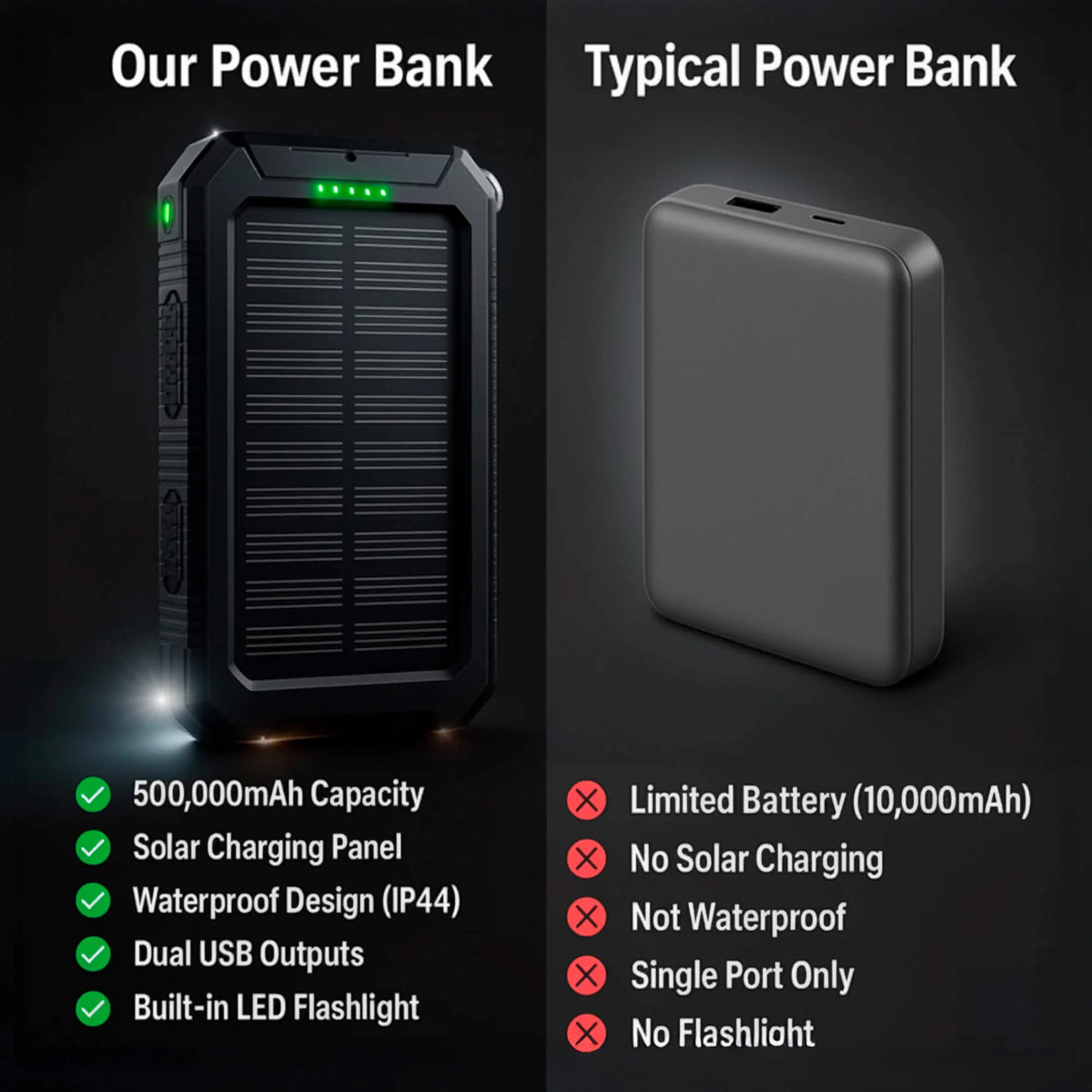 Solar Power Bank 500000mAh Dual USB Waterproof & Shockproof