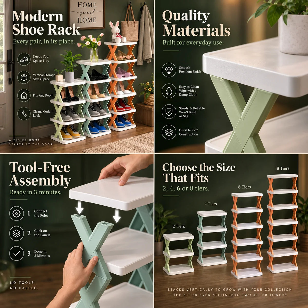 Stackable Shoe Rack Modular Tool-Free Space-Saving