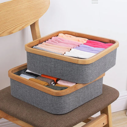 Storage Tray Bamboo Multi-Compartment Fabric-Lined