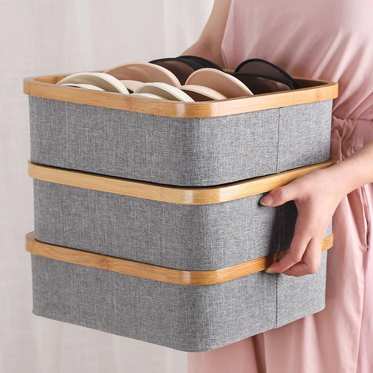 Storage Tray Bamboo Multi-Compartment Fabric-Lined