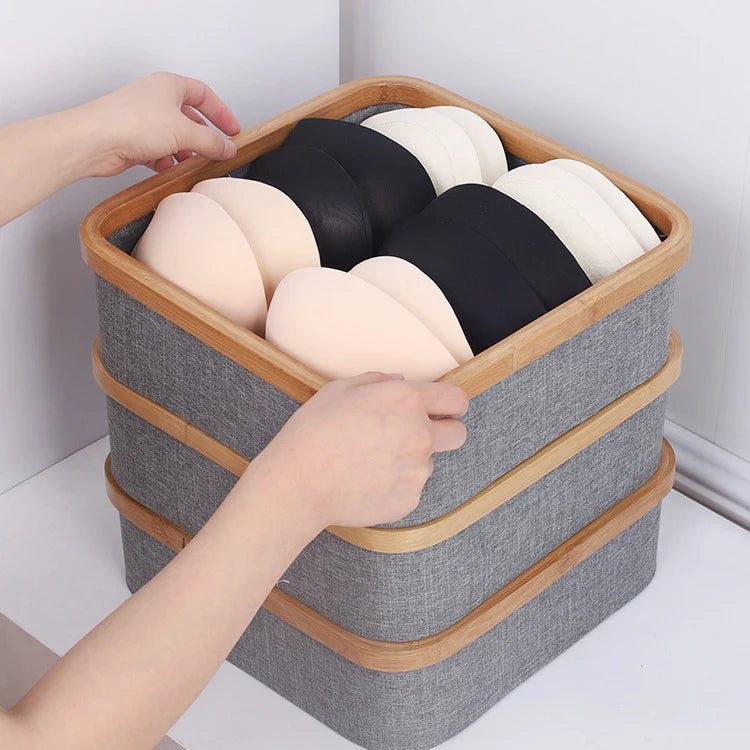 Storage Tray Bamboo Multi-Compartment Fabric-Lined