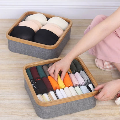 Storage Tray Bamboo Multi-Compartment Fabric-Lined