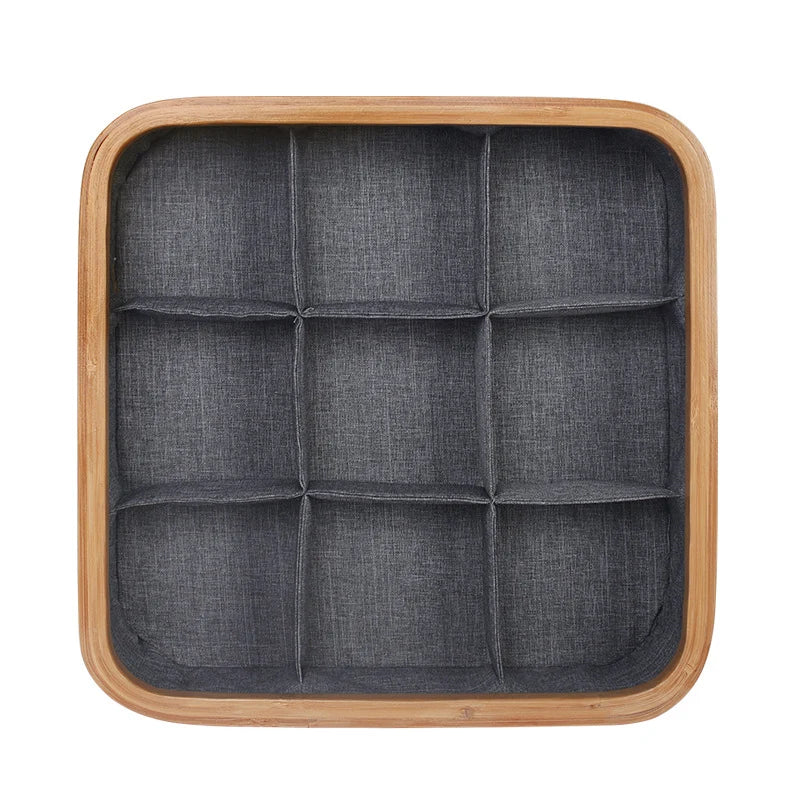 Storage Tray Bamboo Multi-Compartment Fabric-Lined