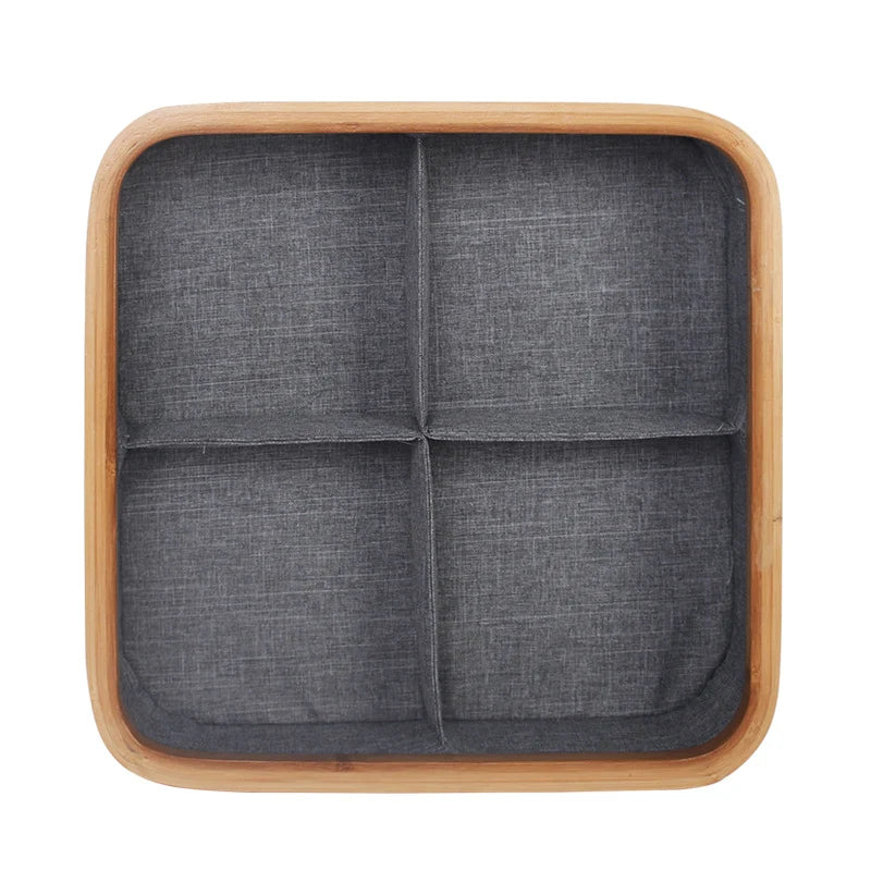 Storage Tray Bamboo Multi-Compartment Fabric-Lined