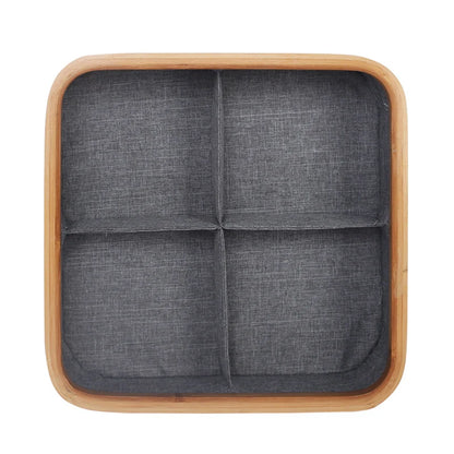 Storage Tray Bamboo Multi-Compartment Fabric-Lined