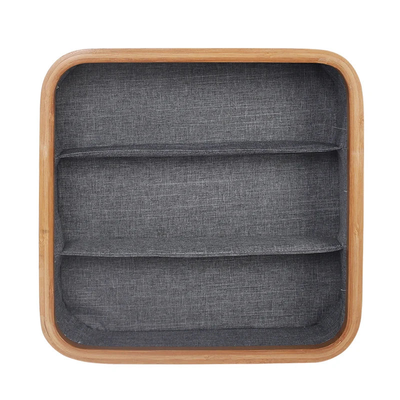 Storage Tray Bamboo Multi-Compartment Fabric-Lined