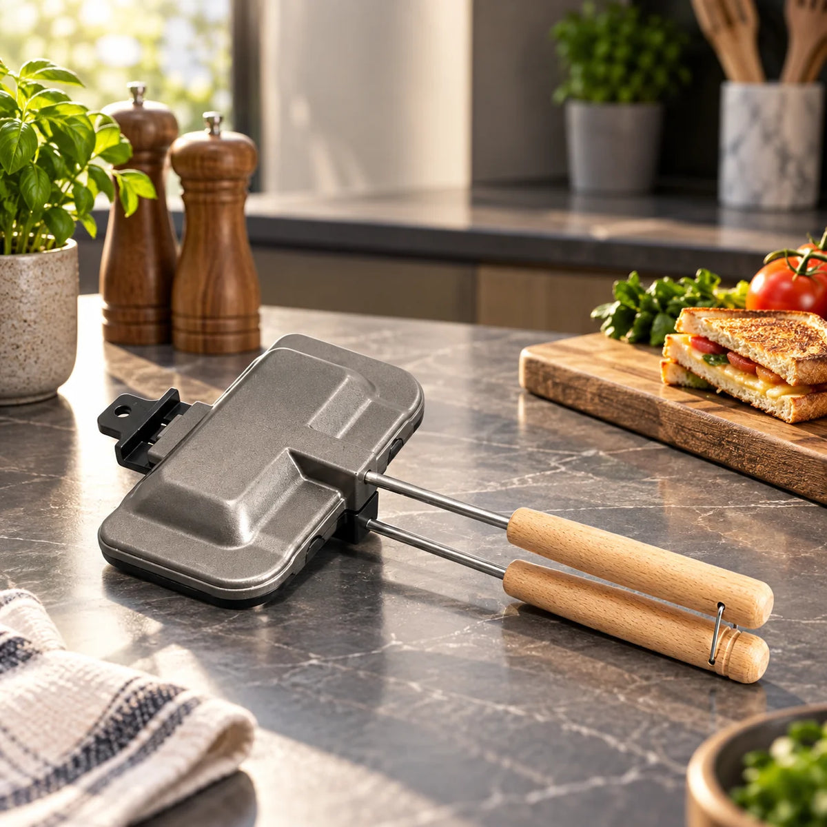 Stovetop Sandwich Maker Hinged Double-Sided Nonstick Aluminum & Wood Handle