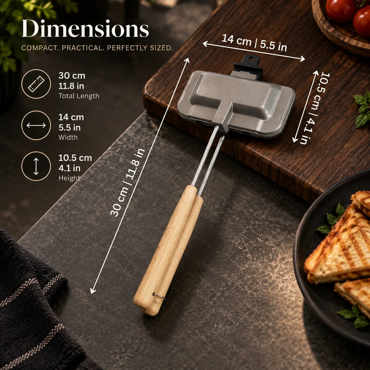 Stovetop Sandwich Maker Hinged Double-Sided Nonstick Aluminum & Wood Handle