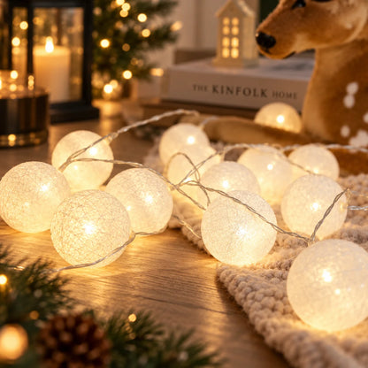 String Lights Cotton Ball Warm Glow USB & Battery