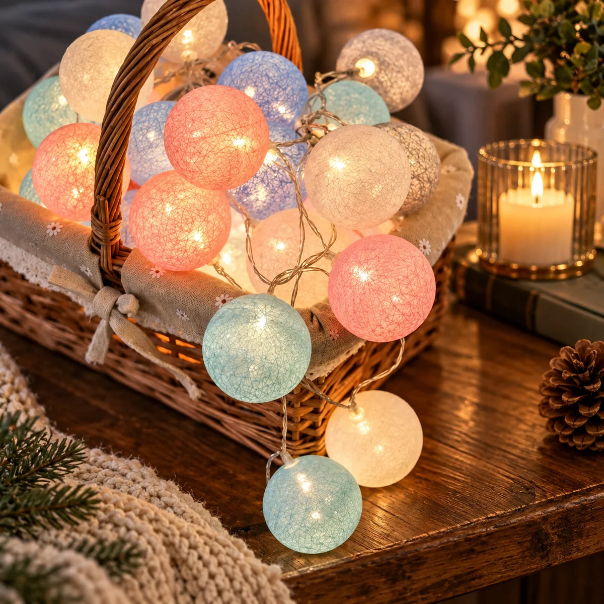 String Lights Cotton Ball Warm Glow USB & Battery