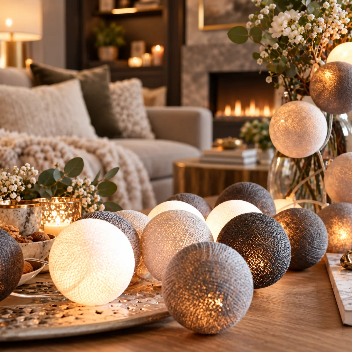 String Lights Cotton Ball Warm Glow USB & Battery
