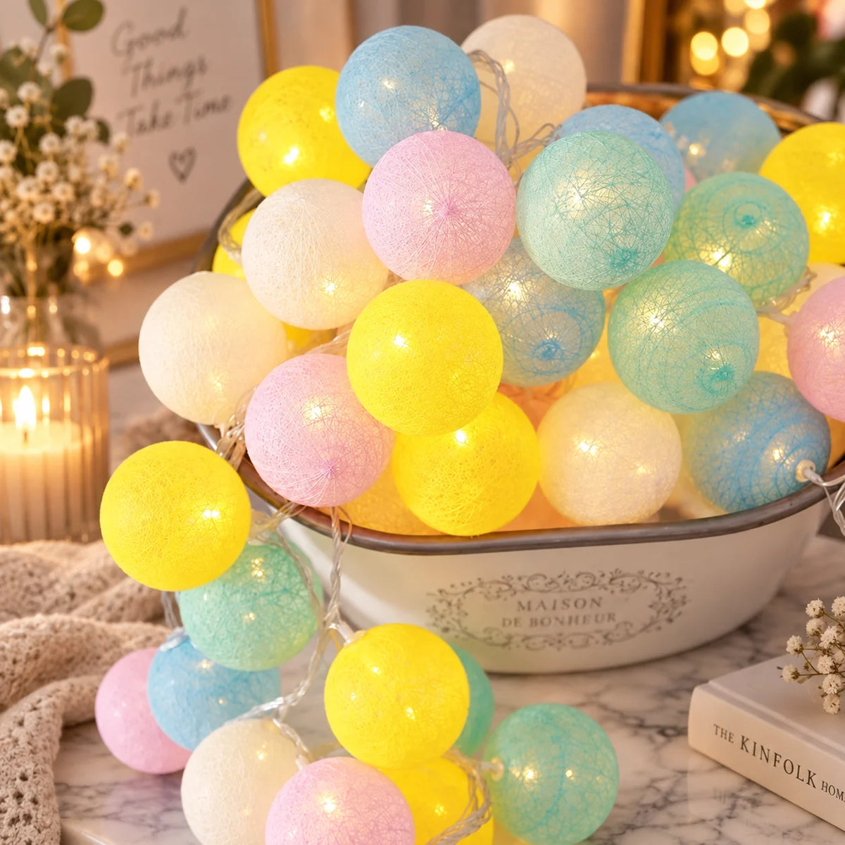 String Lights Cotton Ball Warm Glow USB & Battery