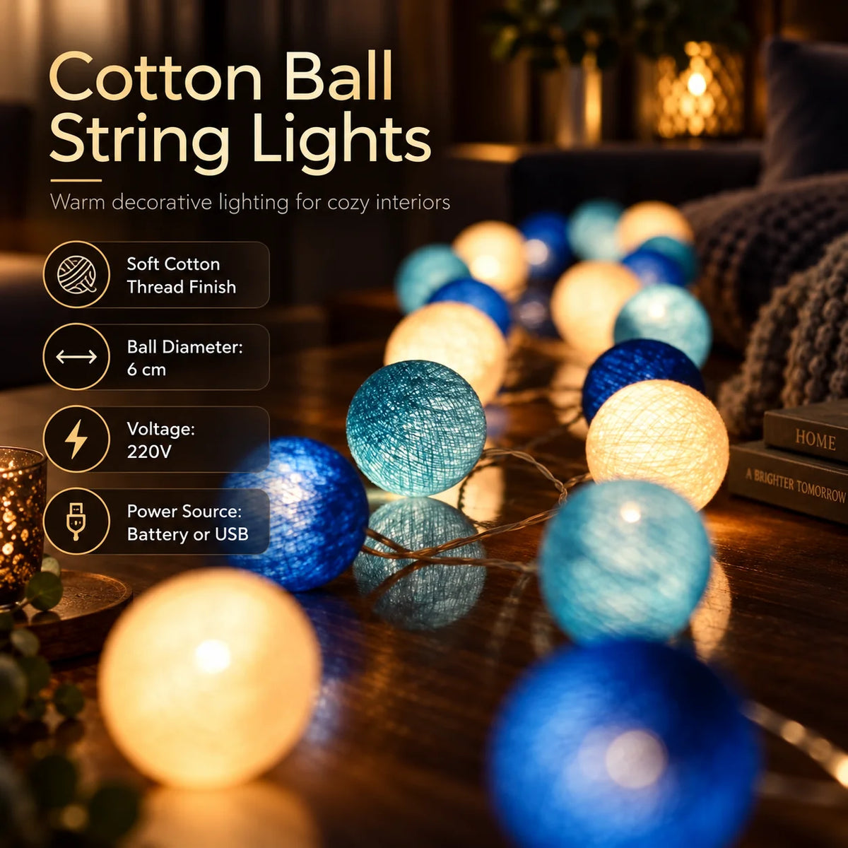 String Lights Cotton Ball Warm Glow USB & Battery