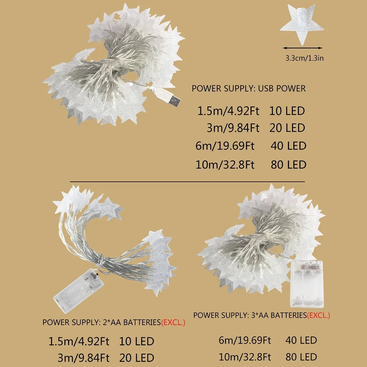 String Lights Star LED Battery & USB Indoor Outdoor