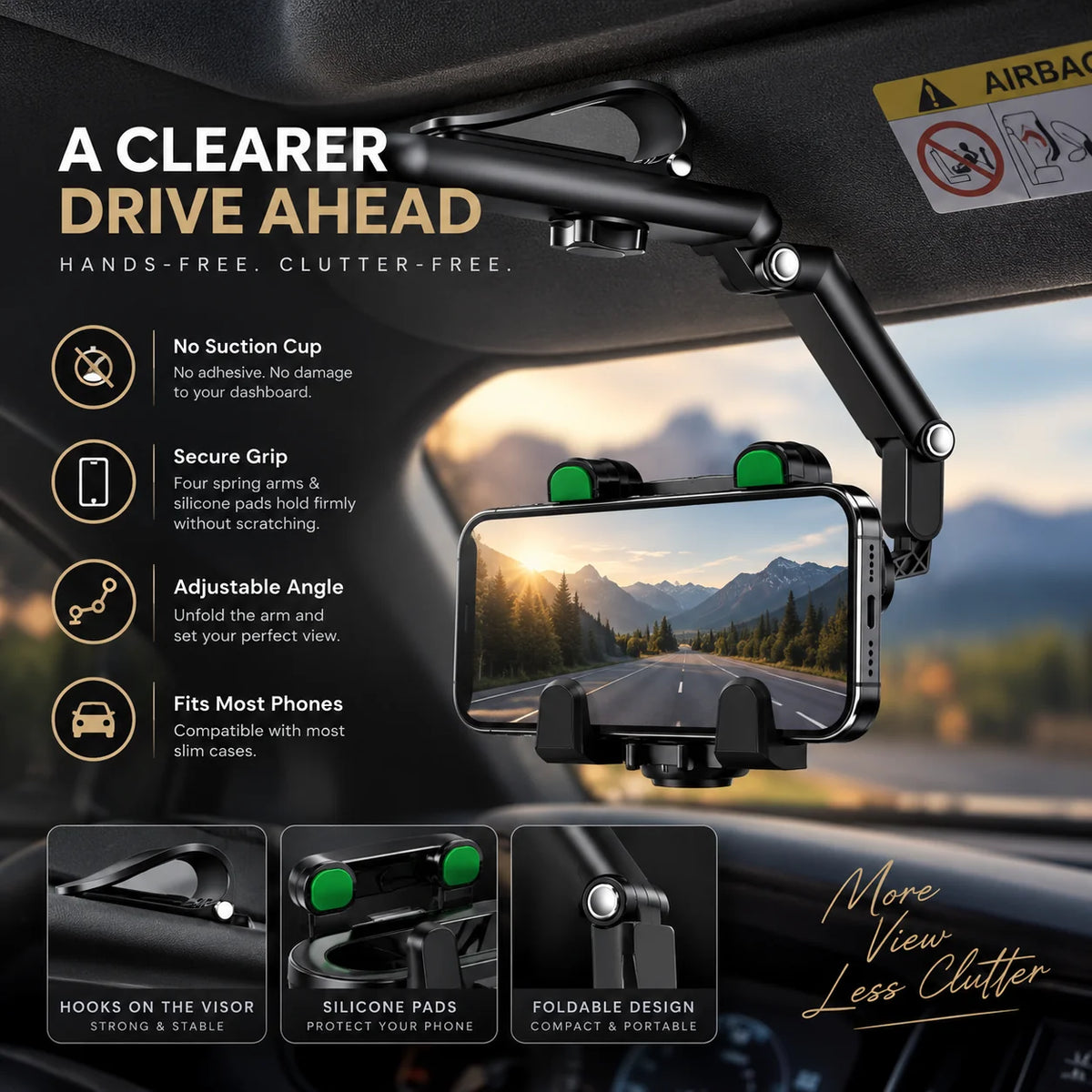 Sun Visor Phone Mount Adjustable Folding Silicone Grip