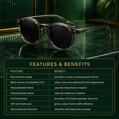 Sunglasses Round Tortoiseshell Lightweight Polycarbonate