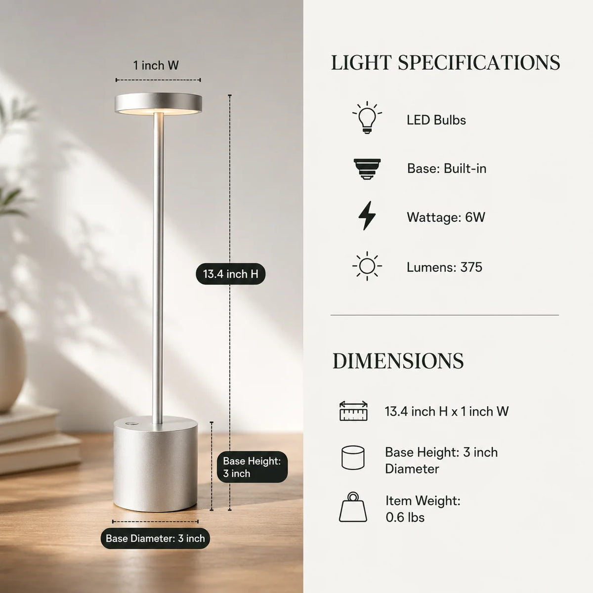 Table Lamp Cordless & Rechargeable LED Three-Level Dimming