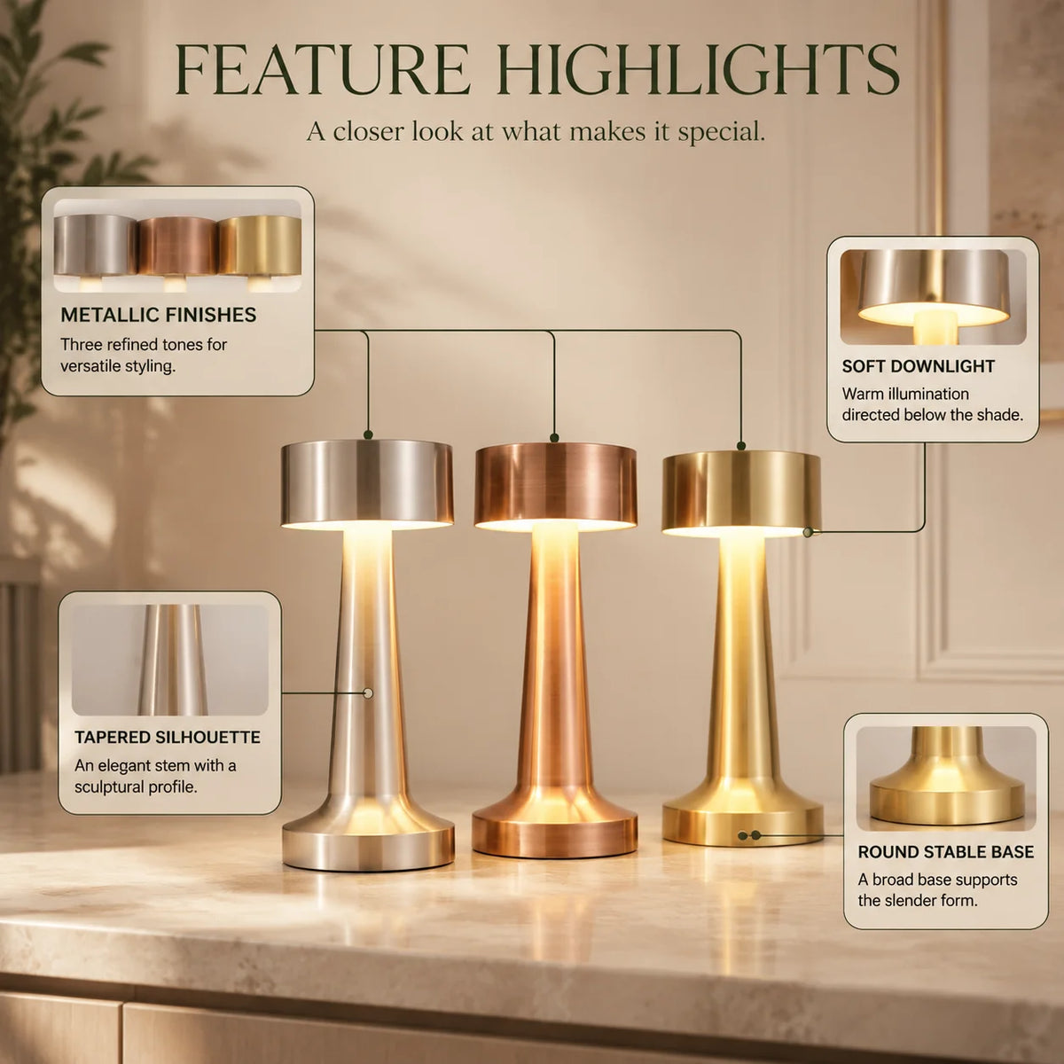 Table Lamp Cordless Touch Dimmable Rechargeable 15-Hour Battery