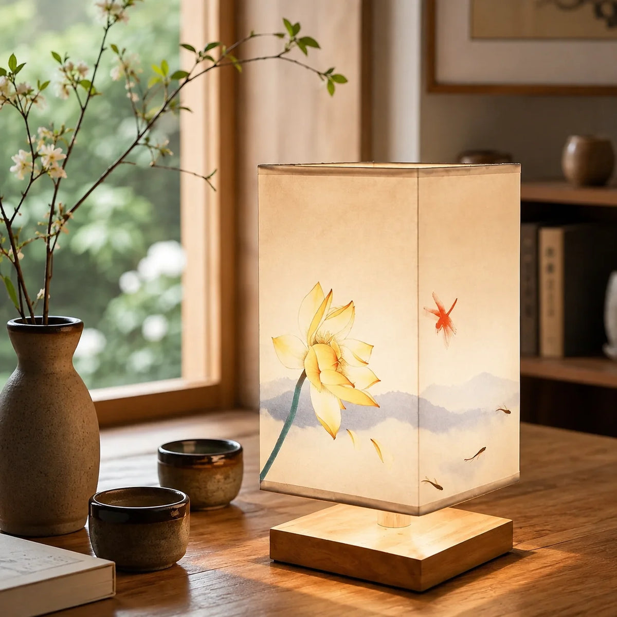 Table Lamp Flower-Shaped Fabric Shade Bamboo Base